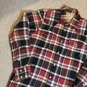 True Religion Sherpa Flannel Jacket Men L Red Blk Plaid Lined Shacket Pearl Snap